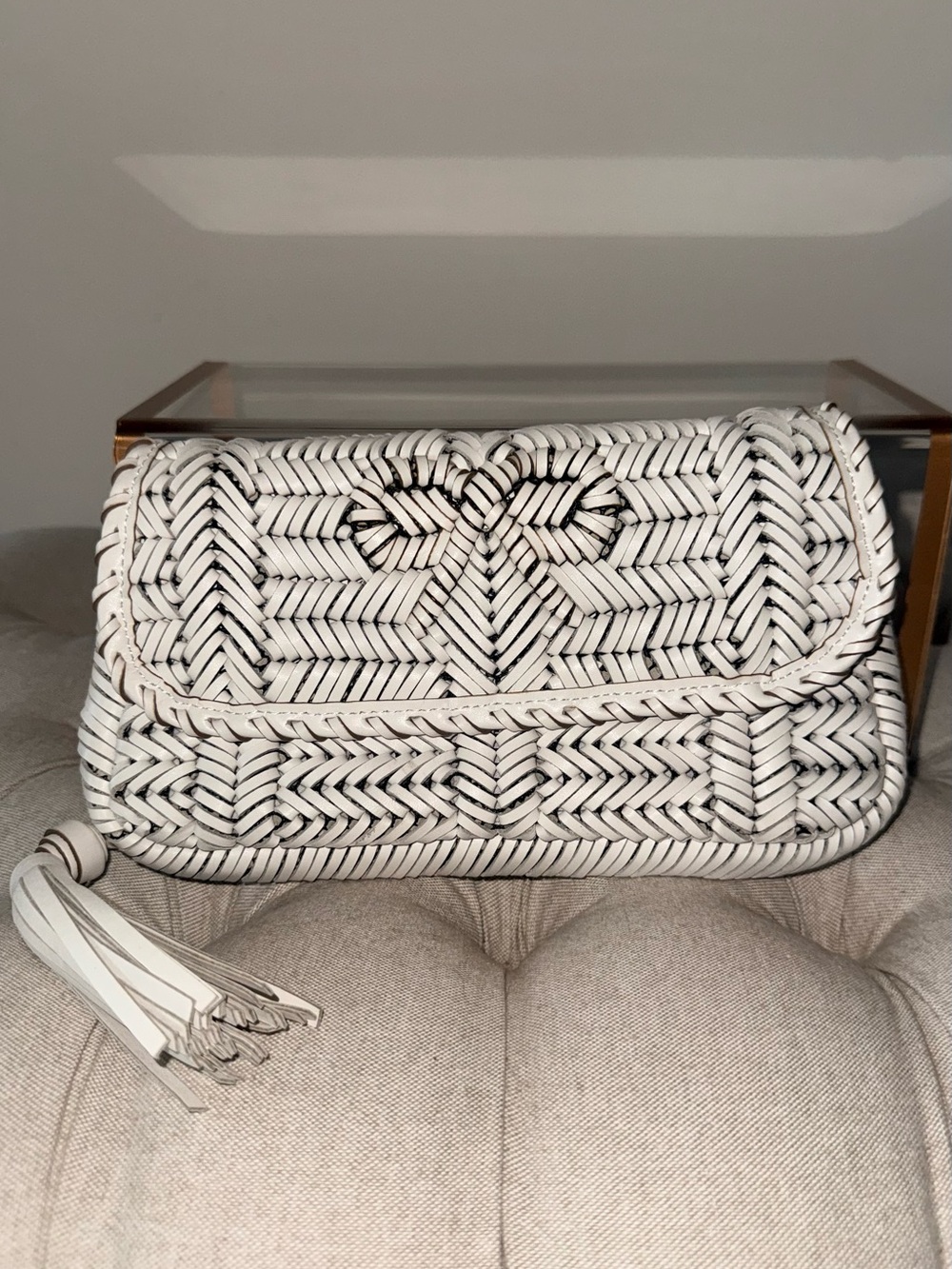 Anya Hindmarch Chalk White Neeson Woven Leather Flap Clutch Tassel Bag - Picture 2 of 13